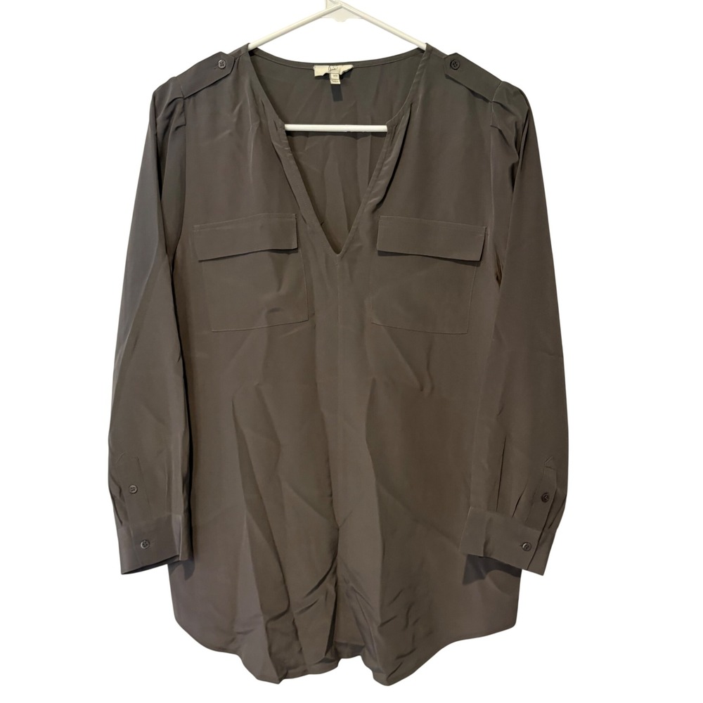 Joie 100% Silk Tunic Blouse Women XS Grey V-Neck Long Sleeve Pocket Office
